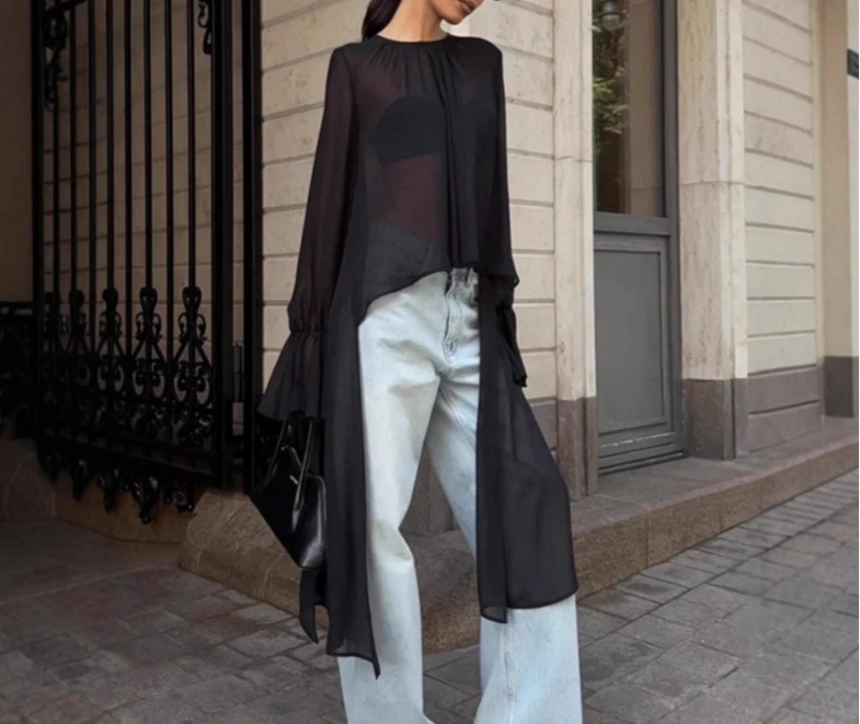 

Black Chiffon Blouse for Women 2025 Autumn Design Loose Long Flared Sleeve Cover-Up Women's Fashion
