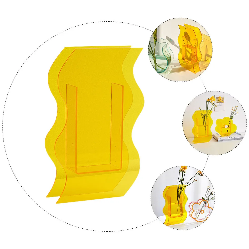 

1Pcs Decorative Acrylic Flower Vase Wavy Yellow Desktop Vase Vessel Ornament for Home Office Bedroom Decoration