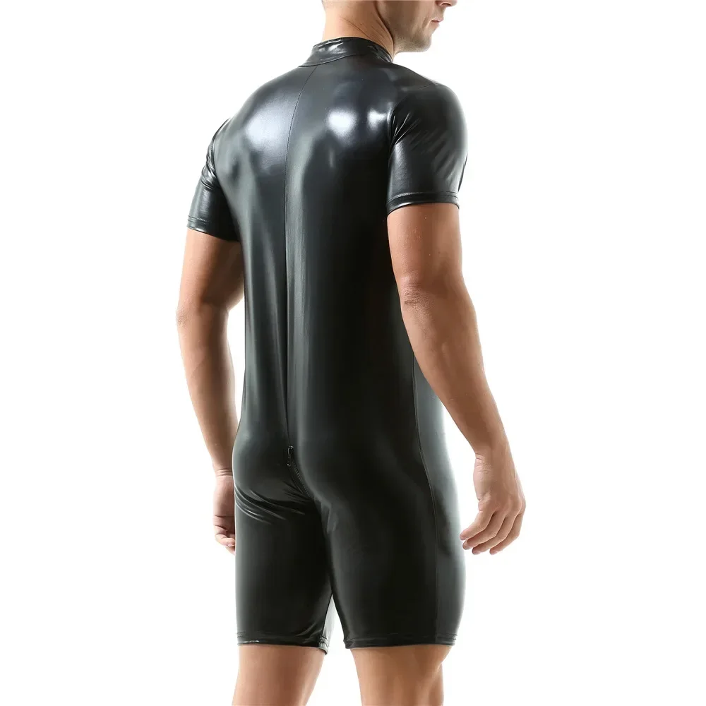 Mens Patent Leather Bodysuit Sexy Zipper Crotch Leotard Short Sleeve Nightclub Jumpsuit Male Dance Clubwear Wrestling Singlet