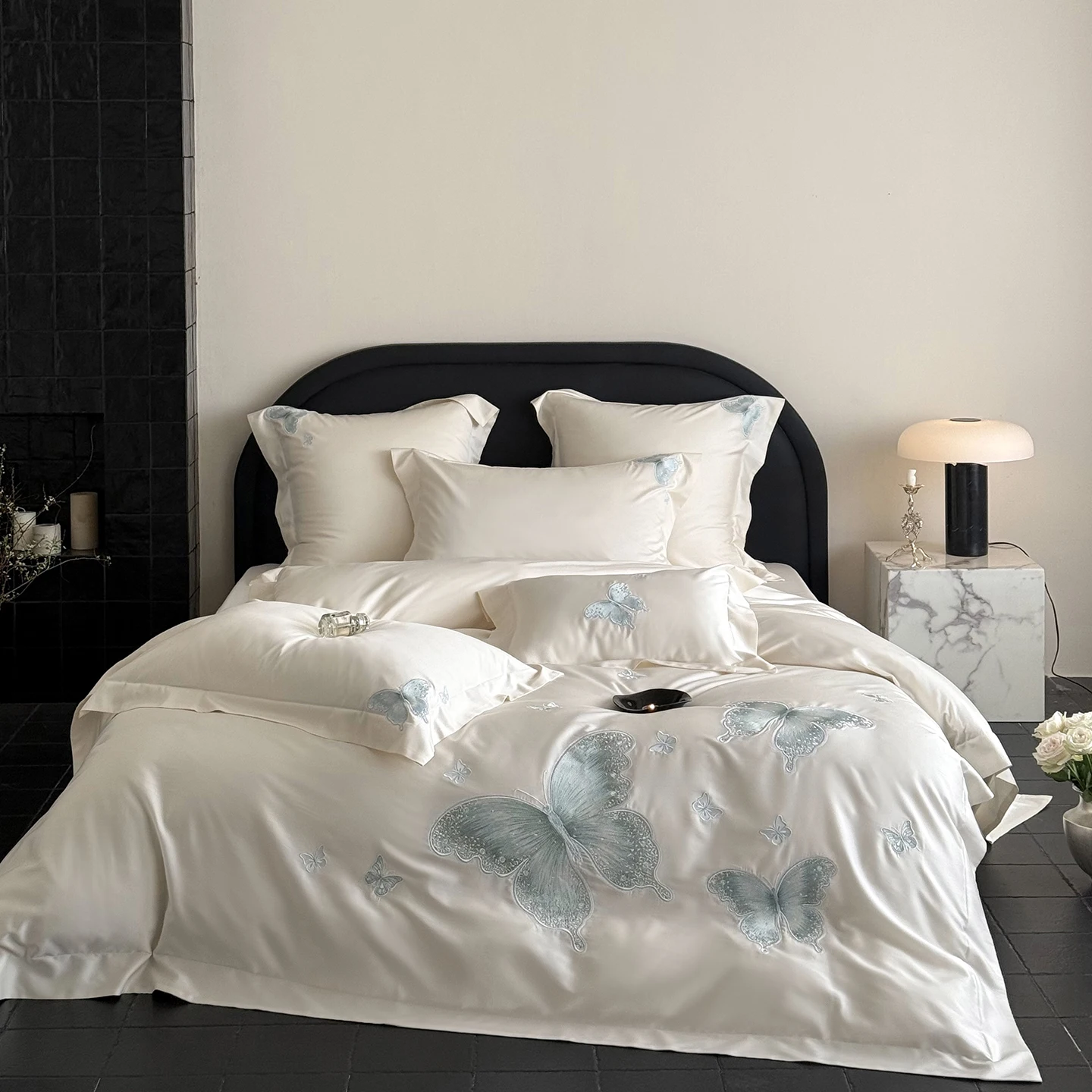 4Pcs Luxury Butterfly Embroidery Bedding Set 600TC Egyptian Cotton Duvet Cover Bed Sheet/Fitted Sheet Pillowcase Queen King Size