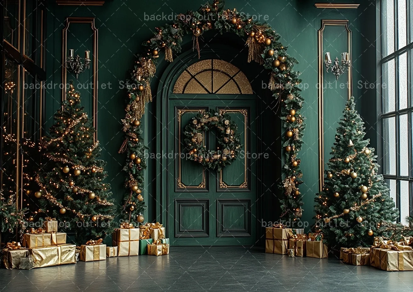 Mehofond عيد الميلاد التصوير خلفية خمر نافذة الباب الأخضر شجرة عيد الميلاد الاطفال الأسرة صورة خلفية ديكور #3