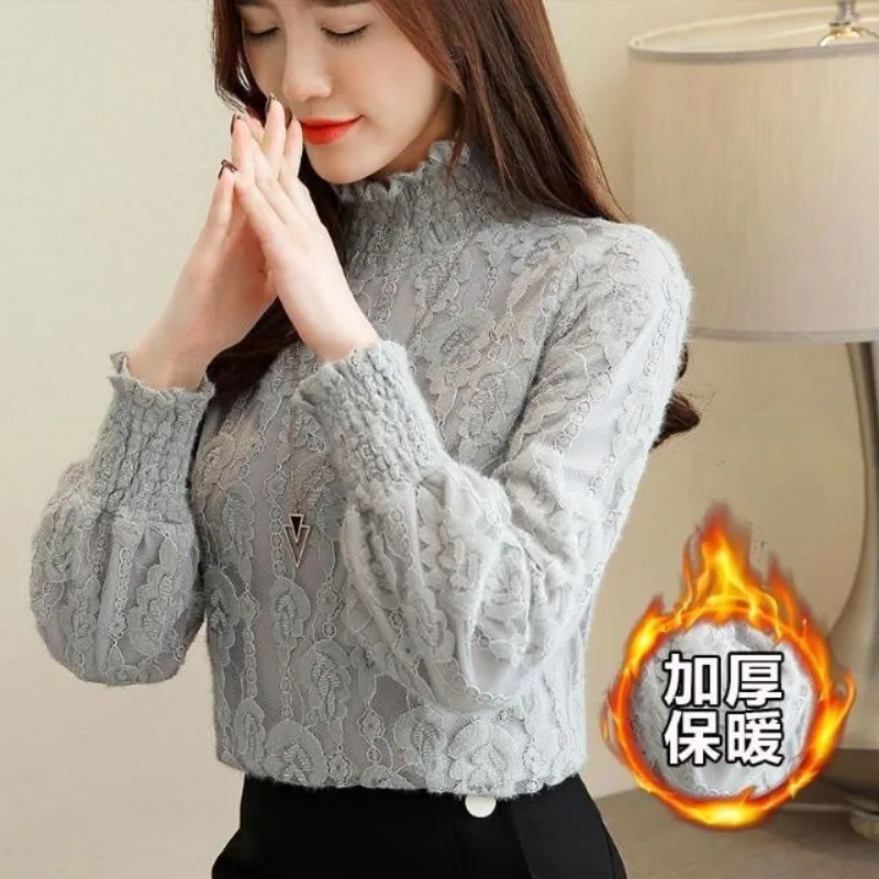 

Thickened Fleece Lined Lace Shirt Women's Long Sleeve Autumn Winter High Collar Thickened Top Women's Fashionable Warm TT742