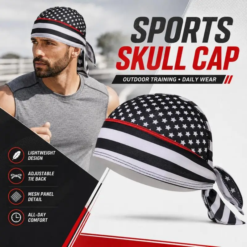 Men's Tie Back Skull Cap, Star Stripe Sports Head Wrap Bandana for Cycling Running Fitness Outdoor Daily Wear