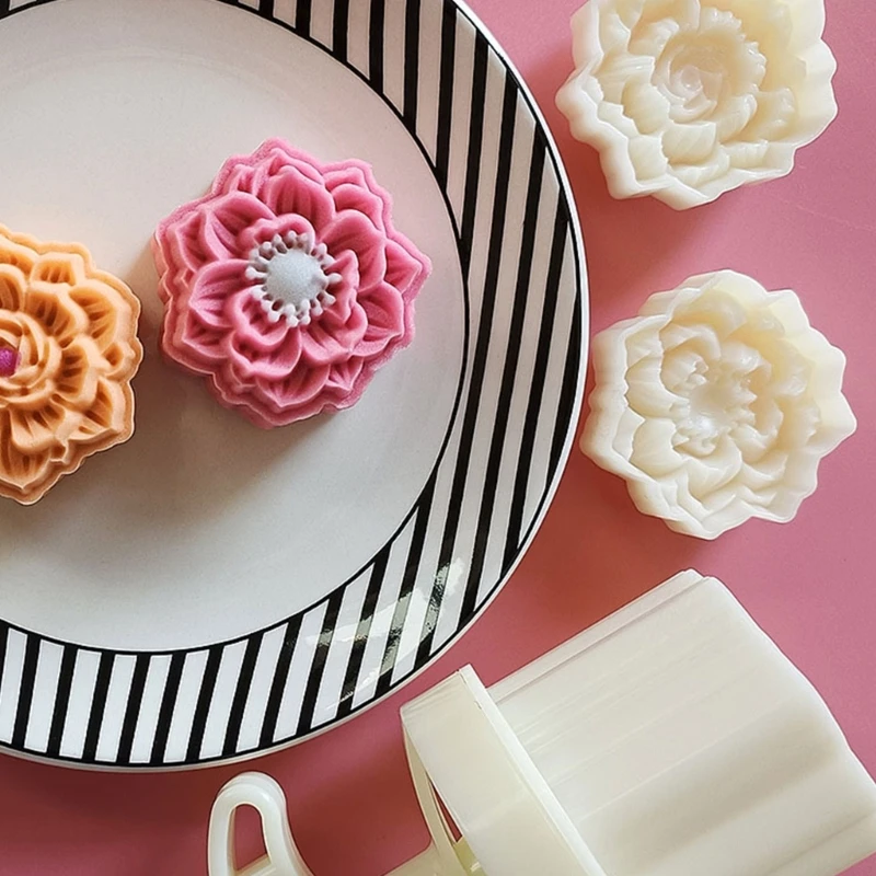 Cetakan Kue Bulan Tekanan Tangan Stempel Kue Bunga Teratai Salju Pembuat Kue Bulan Festival Pertengahan Musim Gugur Alat Kue DIY