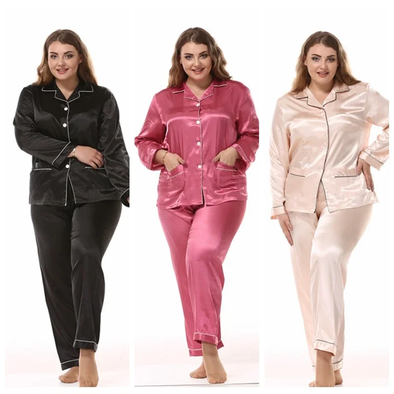 Sleeved Cardigan Loose Two Piece Female Nightwear Women\'s Sleepwear  Large Size Ladies Silk Pajamas Set Long