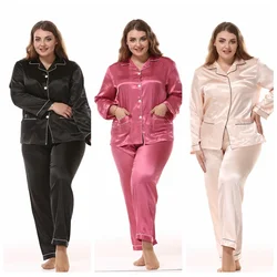 Sleeved Cardigan Loose Two Piece Female Nightwear Women's Sleepwear  Large Size Ladies Silk Pajamas Set Long