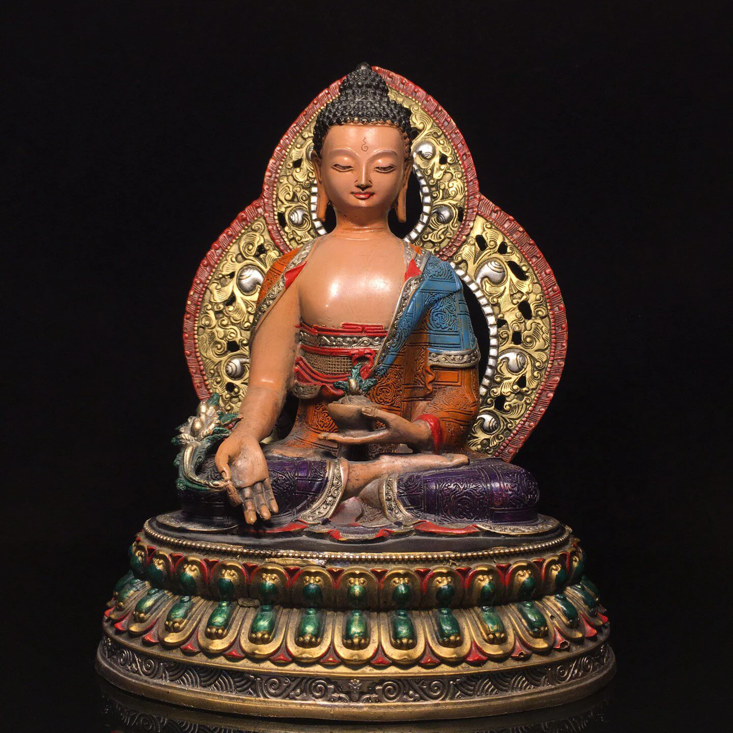Fine Old Copper Painted Medicine Buddha Statue with Halo Serene Face Heavy Patina