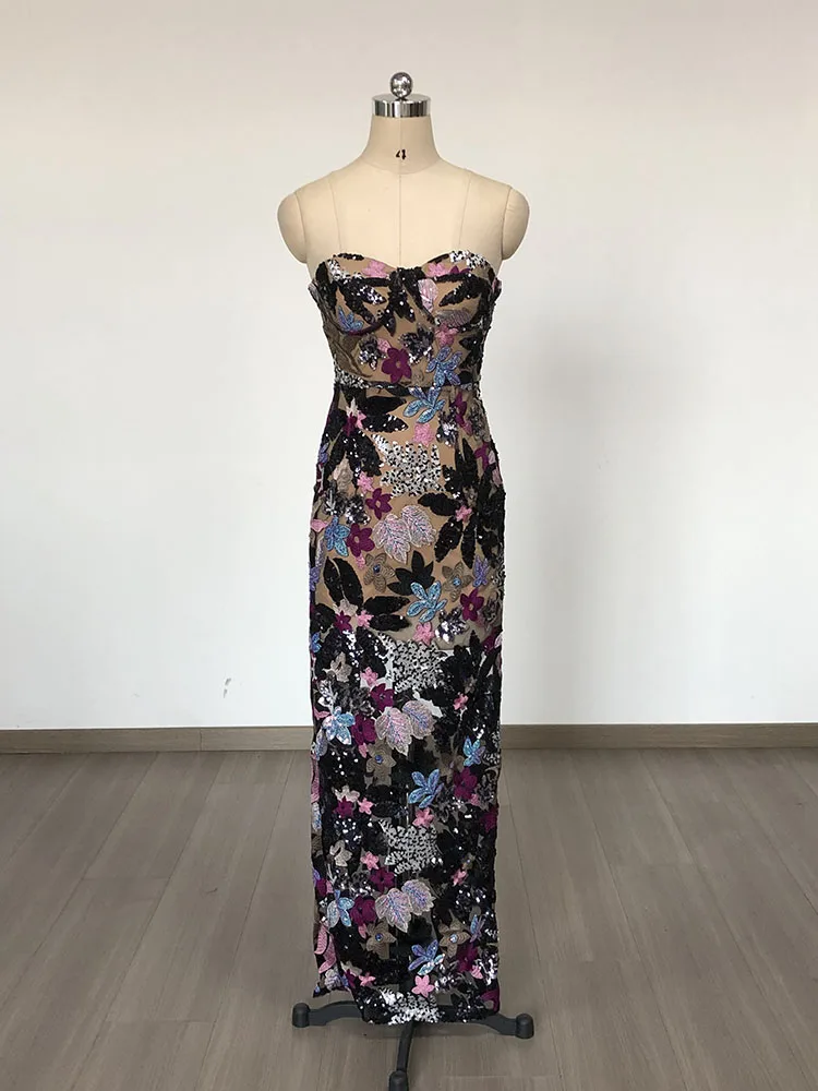 Sexy Strapless Embroidery Flower Sequin Long Dress Women Sleeveless Luxury Sequins Floral Slim Dresses Evening Party Cocktail