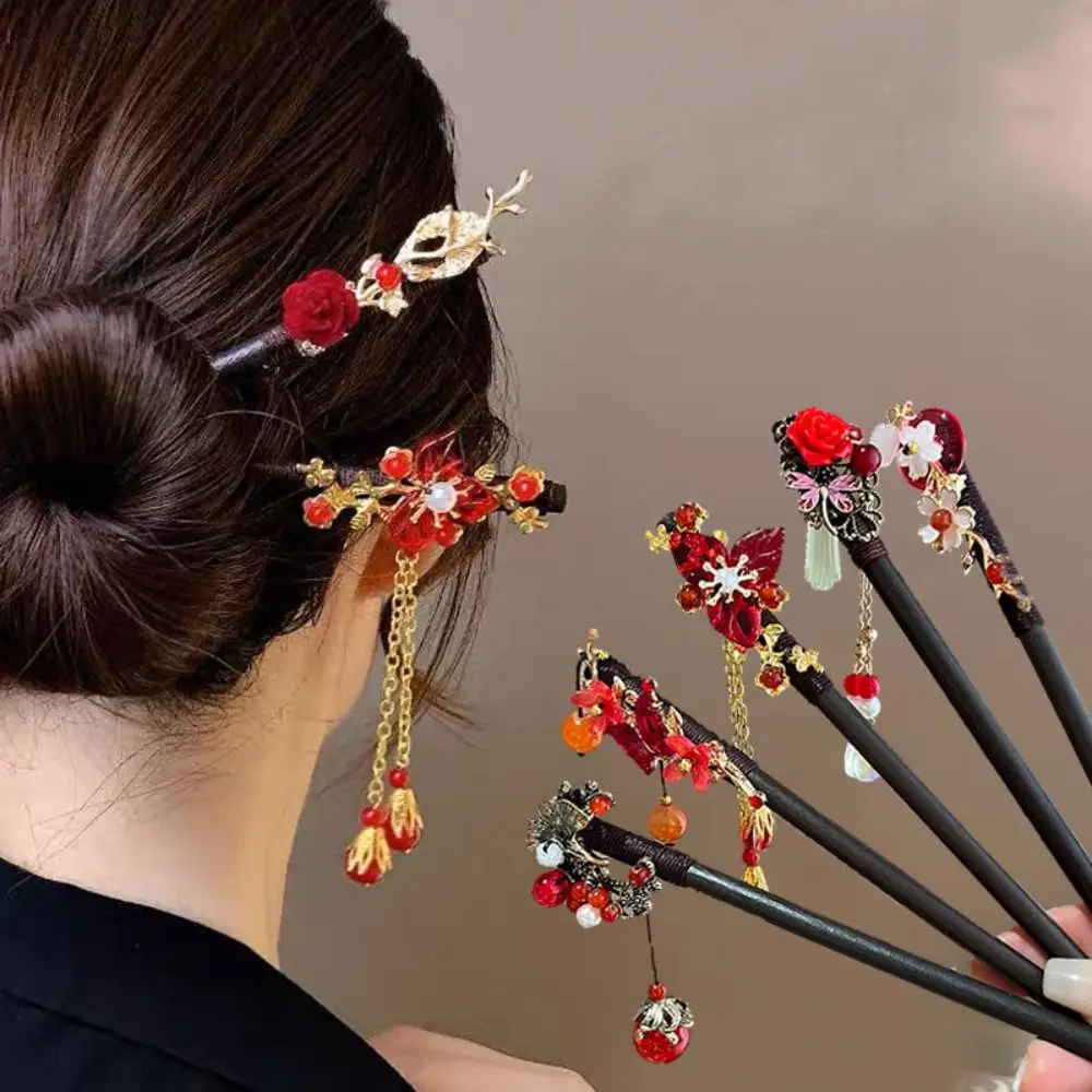 

New Chinese Style Red Flower Tassel Wooden Hair Stick Hair Fork For Women Girls Hairpin Ancient Hanfu Cheongsam Hair Accessories