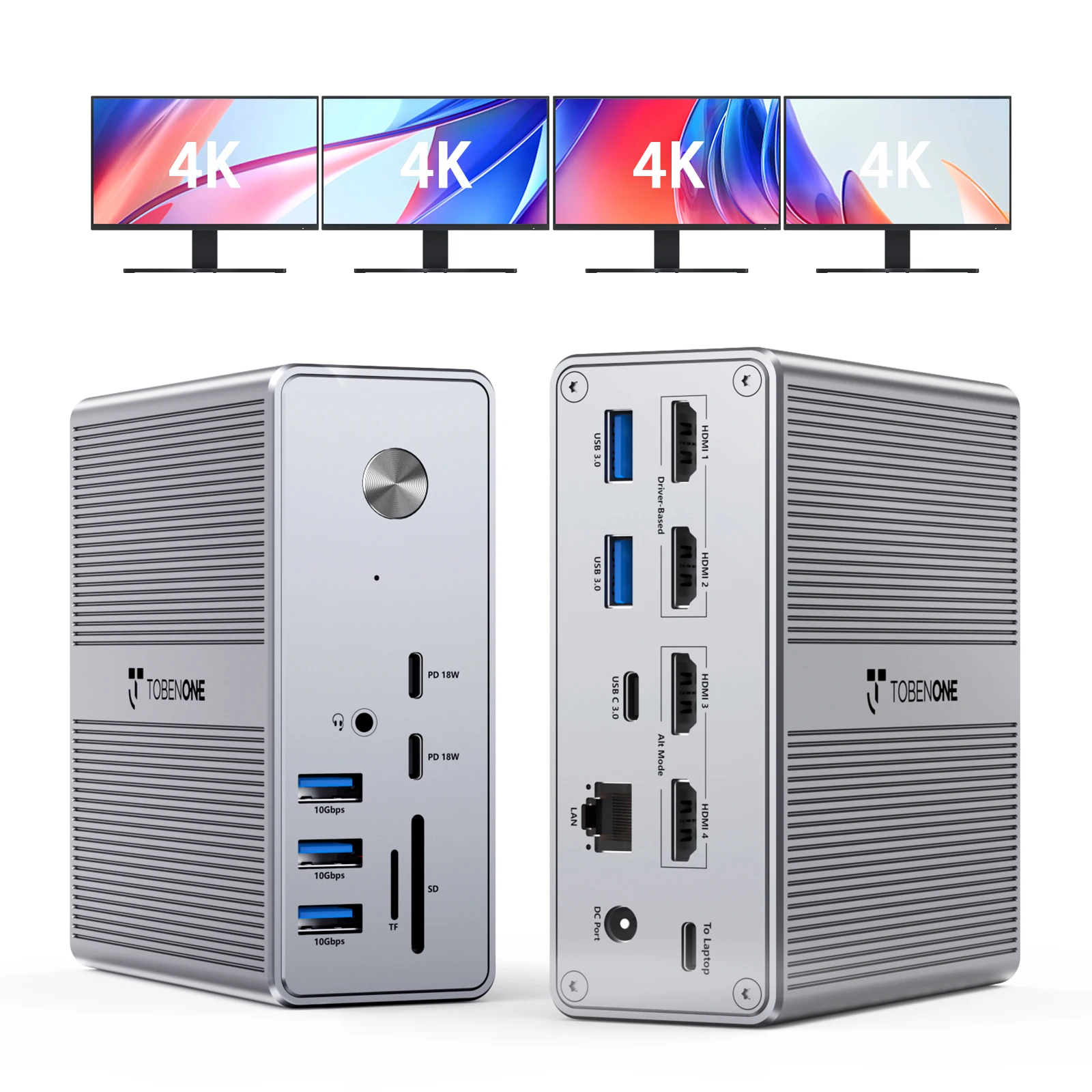 TobenONE DisplayLink 도킹 스테이션 4 모니터, 4개의 HDMI 쿼드/트리플 4K@60Hz 디스플레이 도크, 120W 전원 공급 장치 포함