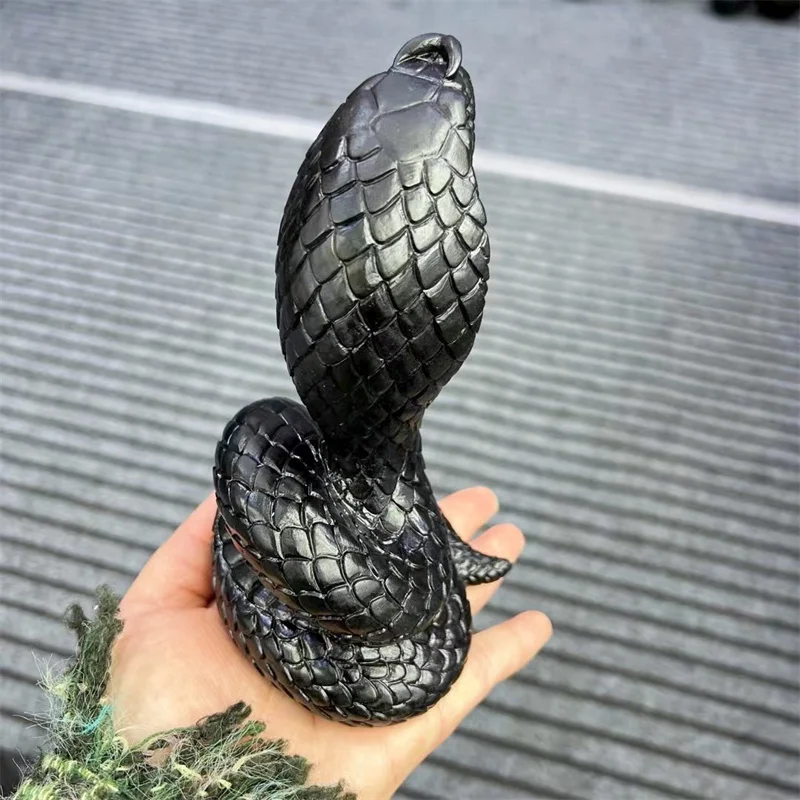 20CM Natural Stone Black Obsidian Cobra Snake Carving  Animal Powerful Statue For Home Decoration Gift 1PCS