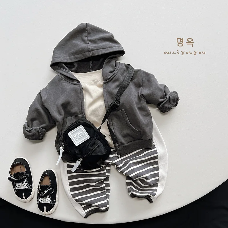 2024 New Spring Children Casual Hooded Jacket Solid Boys Hoodie Cotton Girls Zipper Coat Baby Tops Kids Clothes