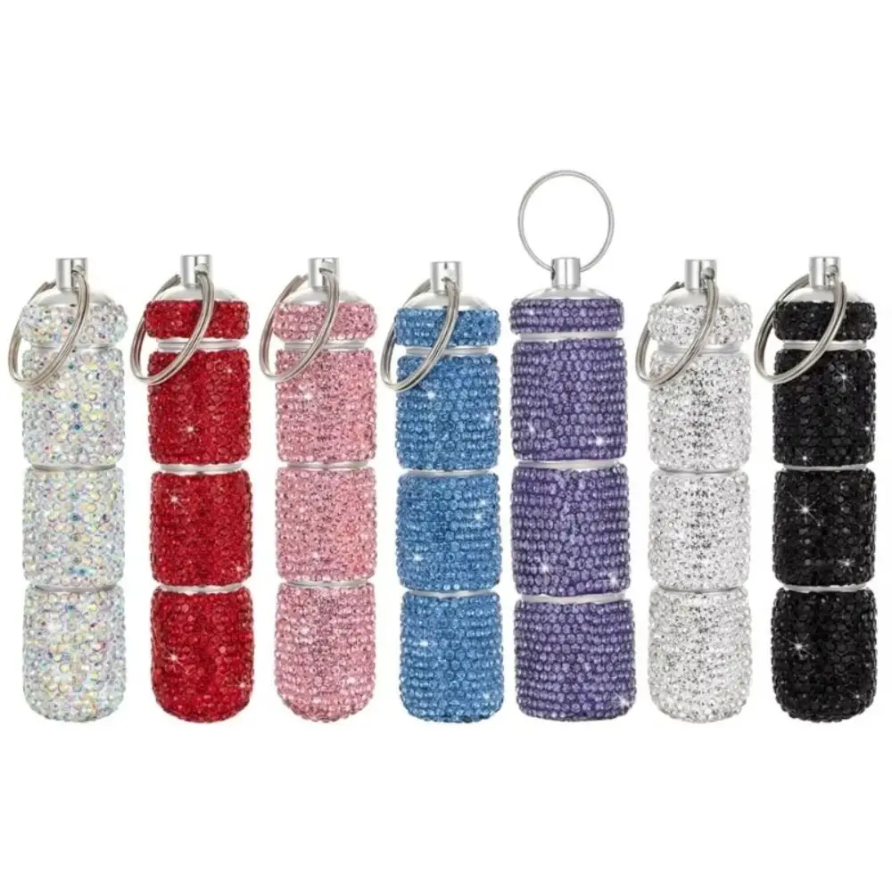 

3in1 Bling Pill Case Portable Mini Rhinestone Pill Container with Keychain 3 Compartments Crystal Pill Storage Box