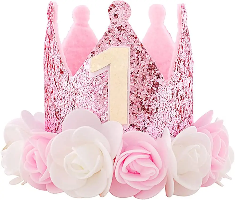 Pink White Rose 1 Year Old Crown Hat Happy Princess Birthday Party Decor Kid Baby Girl 1st Hat One Year Birthday Photo Props Hat