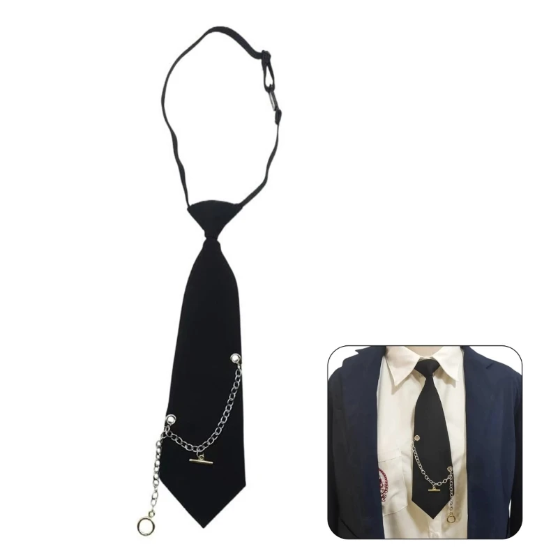 

Japanese Punk Black Necktie with Metal Chain Neck Tie Student Uniform Adjustable Pre Tied Neck Tie Shirt Collar Neckwear