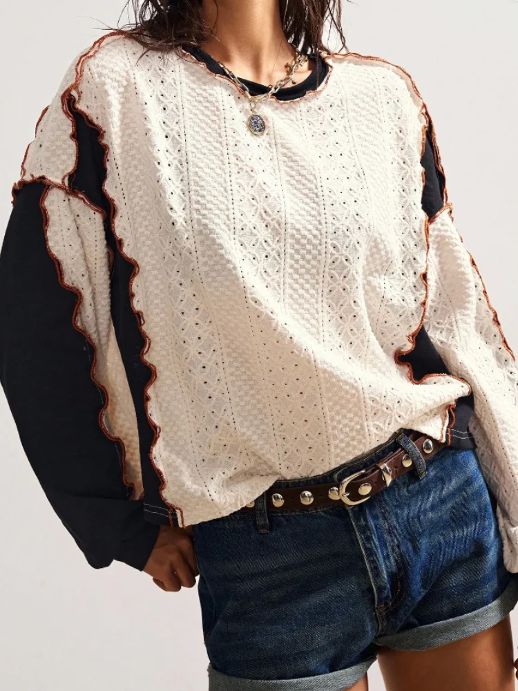 Blusa de manga larga para mujer, estilo 2026, 100% algodón, tejido de punto con diseño de ojales, parche negro en las mangas, decoración original con borde de volantes, cuello redondo holgado de talla grande, talla americana, entrega desde almacén, envío rápido, estilo bohemio, talla S