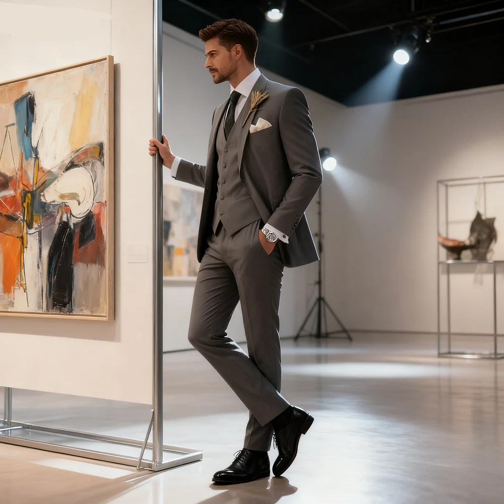 سترة سهرة إيطالية مكونة من 3 قطع باللون الأزرق الداكن بقصة ضيقة لرفقاء الزفاف مع سترة بيضاء وأزرار أكمام طية صدر السترة #1