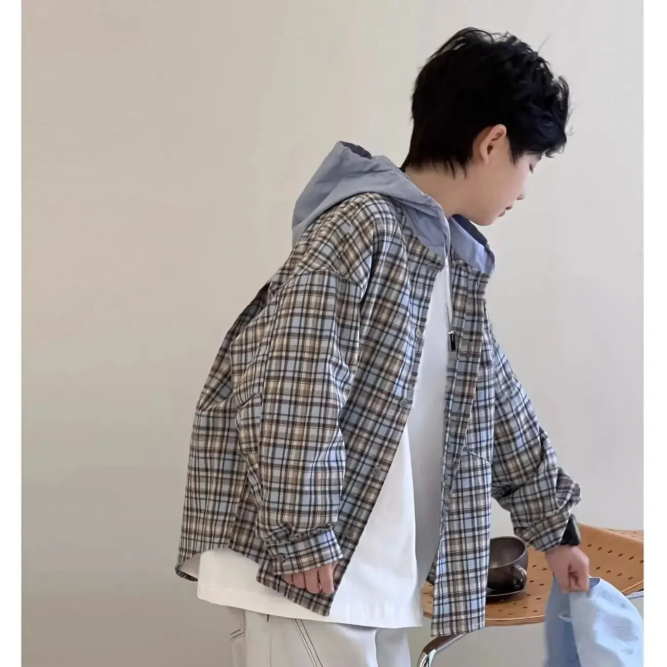 

Children's Plaid Shirt Spring Autumn New Style Long Sleeve Hooded Top Casual Jacket for Boys 100-160CM