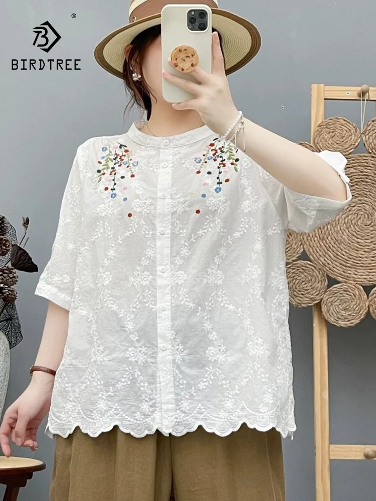New 2026 Summer Women Cotton Half Sleeve Shirt, Stand Floral Embroidery, Mori Girl Age Reduction Casual Loose Blouse T66