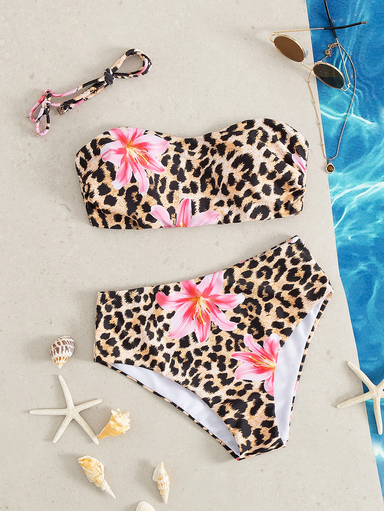 Sexy Bandeau Bikini 2027 Women Pink Floral Leopard Print Push Up 2 Piece Swimsuit Beach Bathing Suit High Waist Swimwear Biquini