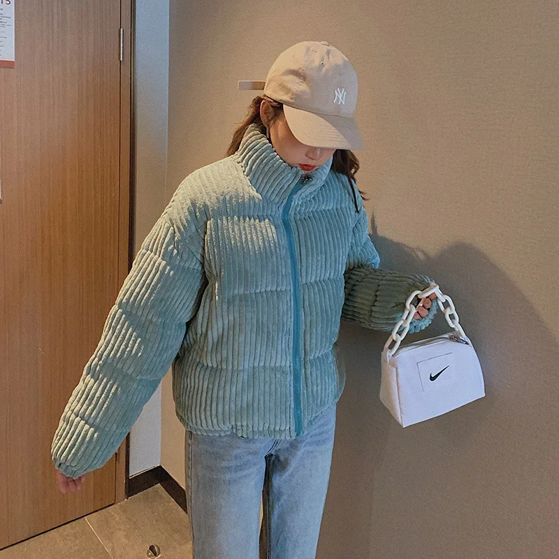 Korean-style Loose Down Cotton Padded Coat for Women Winter Style in 2025 Short Padded Jacket Corduroy Puffer Coat Outerwear