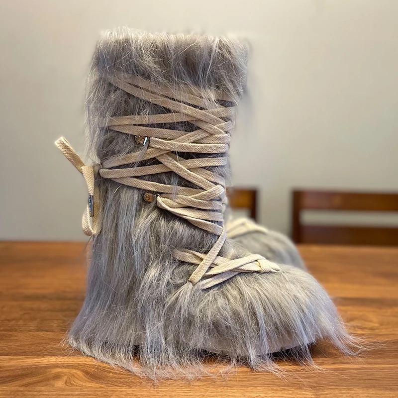 Grey Furry Cross-Strap Platform Mid-Calf Snow Boots Woman Winter 2024 British Style Fashion Round Toe Boots Shoes for Women