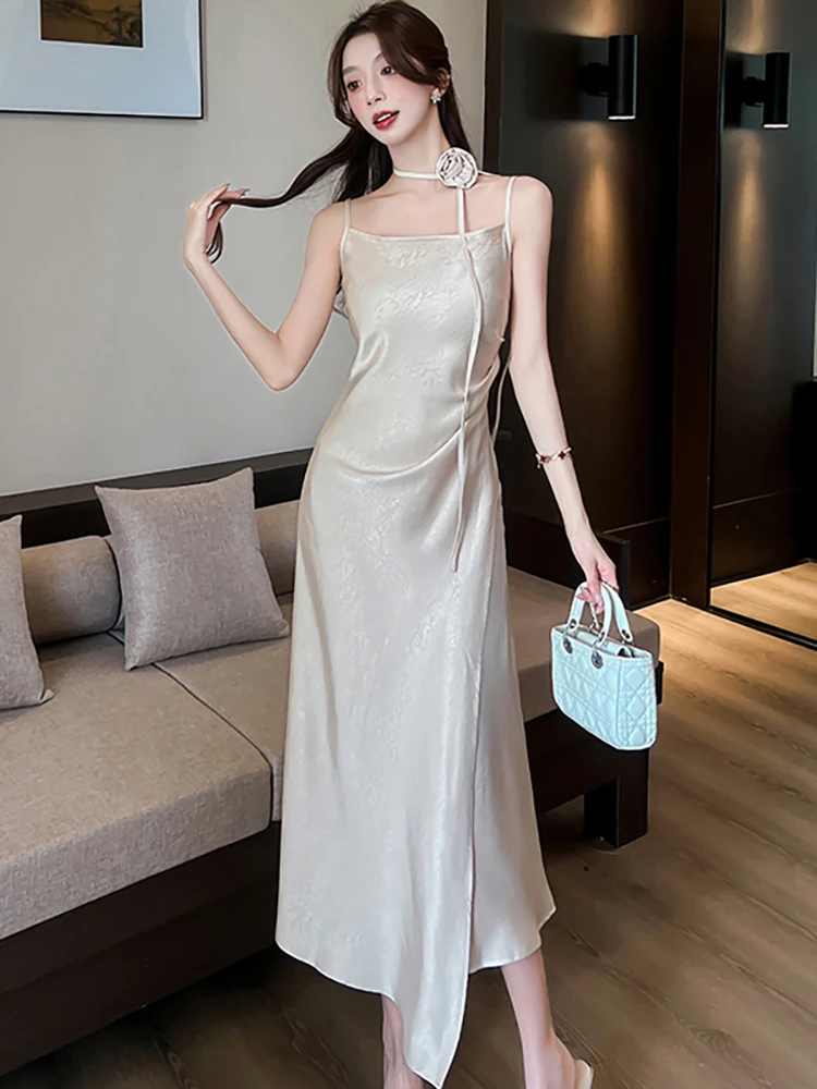 Frauen Grün Jacquard Satin Chic Sling Sexy Langes Kleid Sommer Elegante Casual Urlaub Kleid 2025, Koreanische Mode, Figurbetontes Abendkleid
