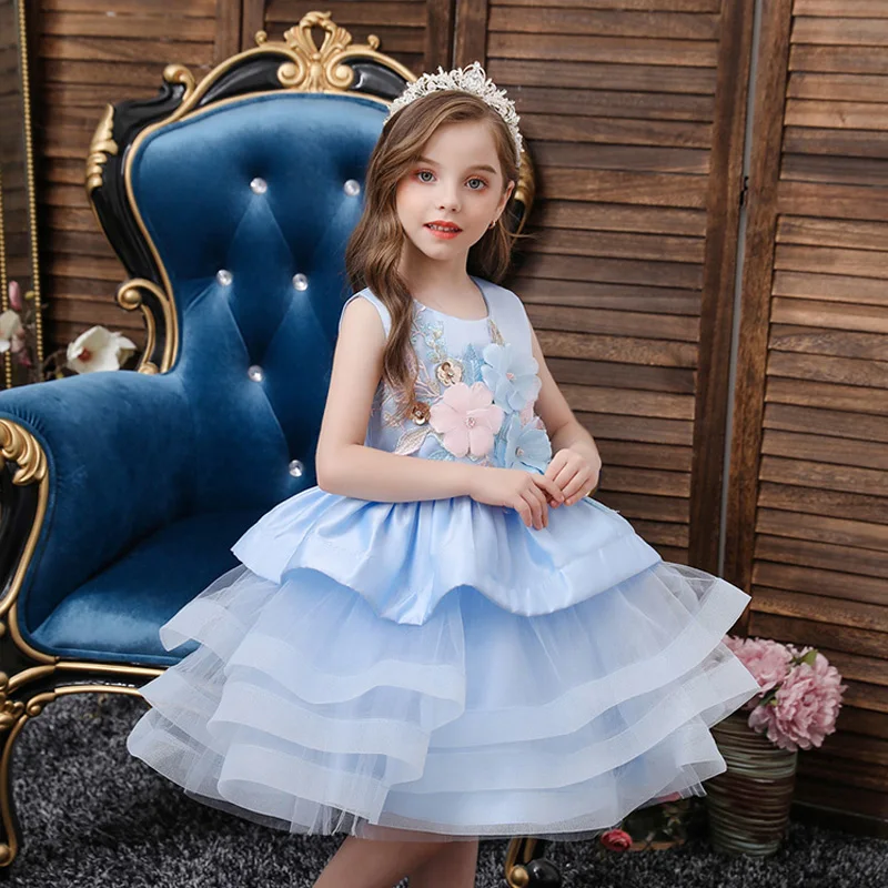 

​Sleeveless Knee Length Dress Mesh Floral Embroidery Layered Puffy Cake Skirt Birthday Party Dress for Girls 0-8years old