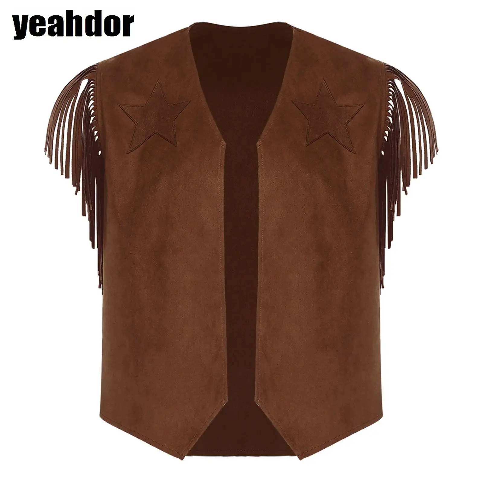 

Men Western Cowboy Costume Sleeveless Open Front Tassel Faux Suede Vest Cowboy Fringe Waistcoat Halloween Fancy Party Dress Up
