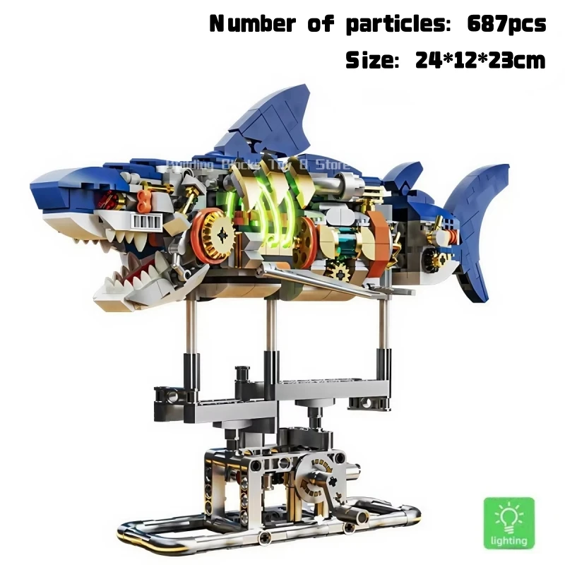 687 قطعة مكعبات بناء القرش الميكانيكية نموذج الحياة البحرية مع حامل عرض وأضواء كتلة لعبة الطوب طقم هدايا للأطفال والكبار #1