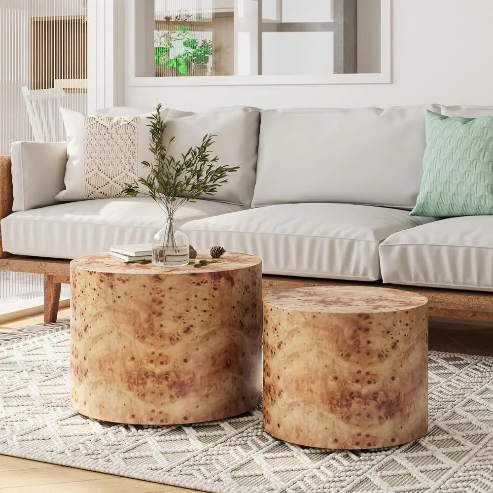 

Round Wooden Circle Accent Tables Set of 2 for Living Room, Small Spaces, Bedroom, Balcony, Office - Natural Burl Finish (19 + 1