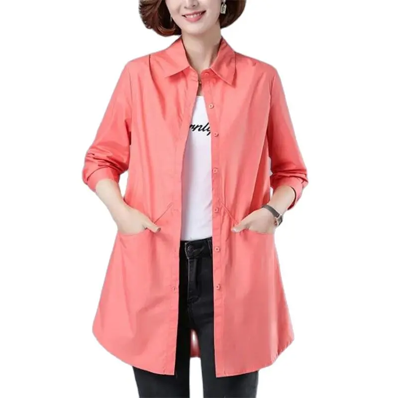 Fashion All Cotton Shirt Medium Long Spring Summer Autumn Women's Shirt Blouse Korean Loose Casual Shirts Coat 2023 New 4XL