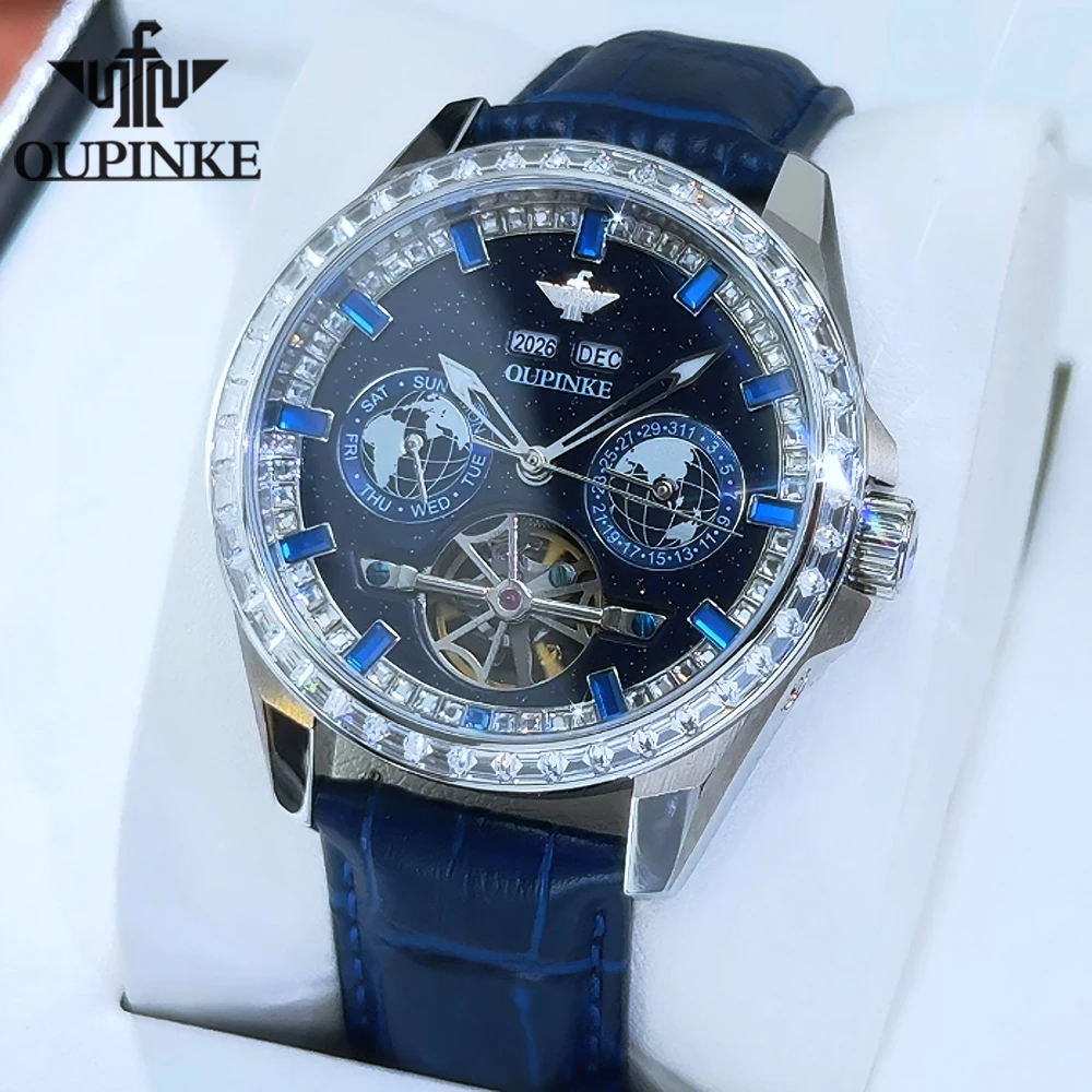

OUPINKE мужские часы, роскошные модные кожаные ремешки с бриллиантовым ободом, оригинальные автоматические механические наручные часы с календарем, сапфировое зеркало