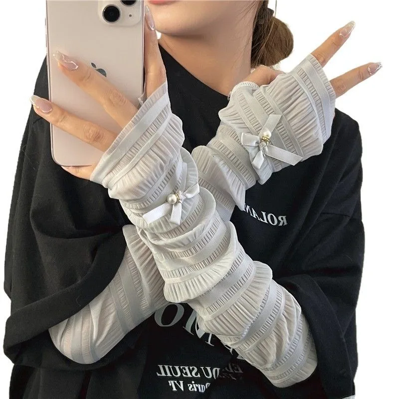 UV Protection Ice Silk Arm Sleeves Women 1Pair Pearl Bow Loose Fit Ultra Thin Cooling Breathable for Cycling Driving Summer Soft view 5