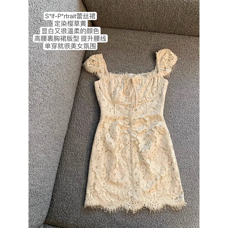 

2024 Summer New Women'S Lace Chic Dresses Square Collar Pure Desire Aesthetic Spicy Girl Strapless Bodycon Skirt High-End Feel