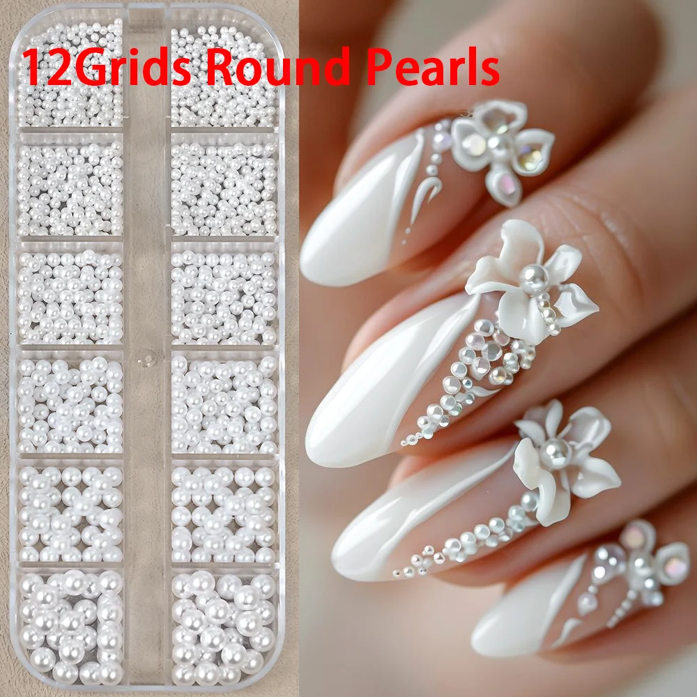 12 กริด 3D สีขาวรอบ/ครึ่งวงกลมไข่มุกเล็บ Charms 0.15-0.5 ซม.Faltback เพิร์ลคาเวียร์ลูกปัด Rhinestone DIY อุปกรณ์แต่งเล็บ