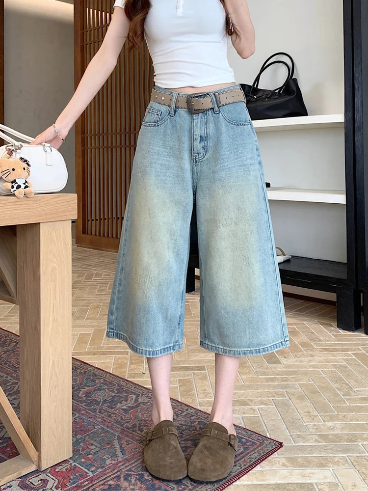 

American Style Glittery High Waist Loose Fit Women's Jeans Summer New Casual Washed Natural Waist Pocket Blue Denim Pants