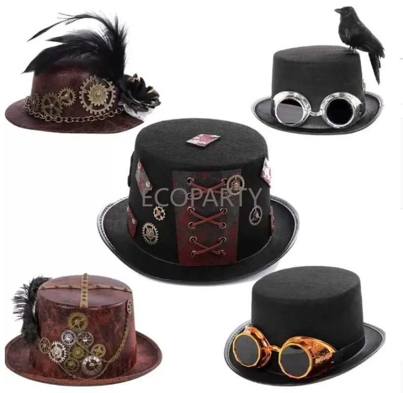 Retro Gothic Men Steampunk Period Crow Hat Cosplay Halloween Women Gear Feather Nonwoven Mini Hat Magician Hat Stage Performance