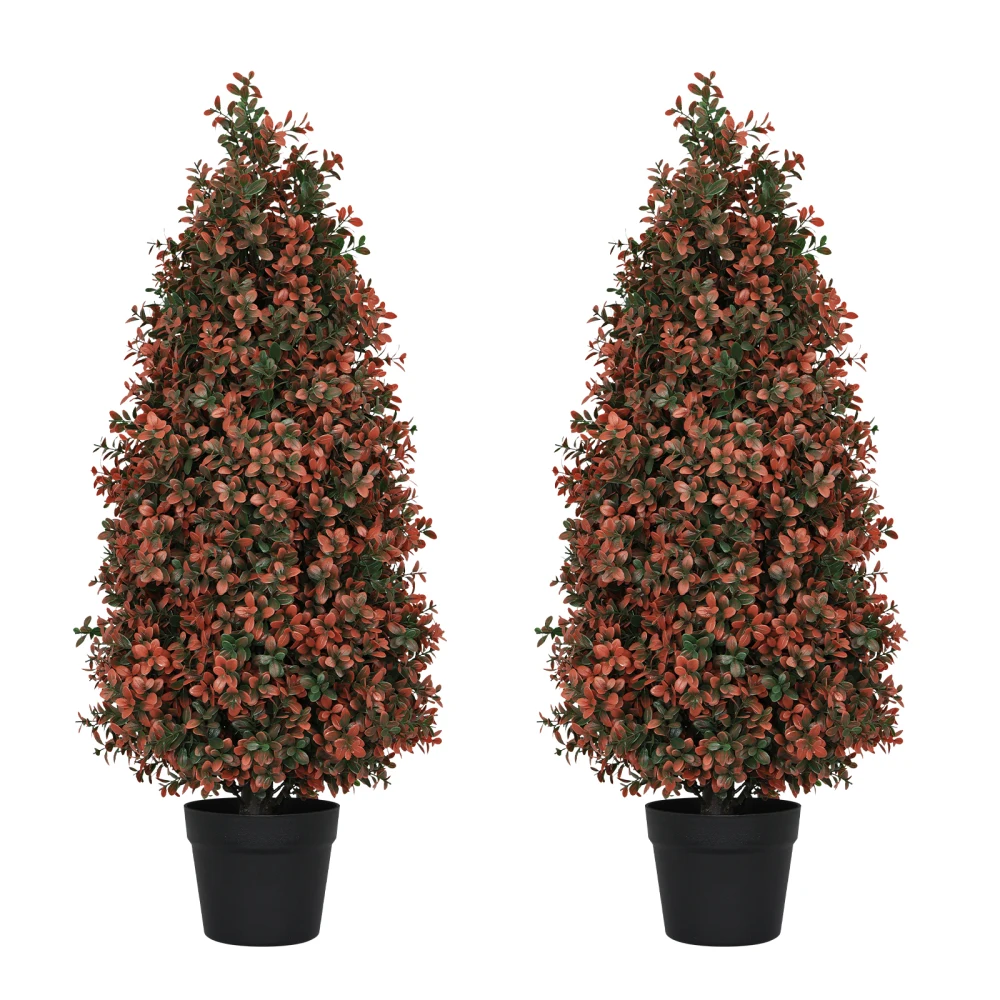 

3FT Artificial Boxwood Topiary Tree for Outdoor Porch and Patio Decoration, Red , 2pcs/set with Black Plastic Pot