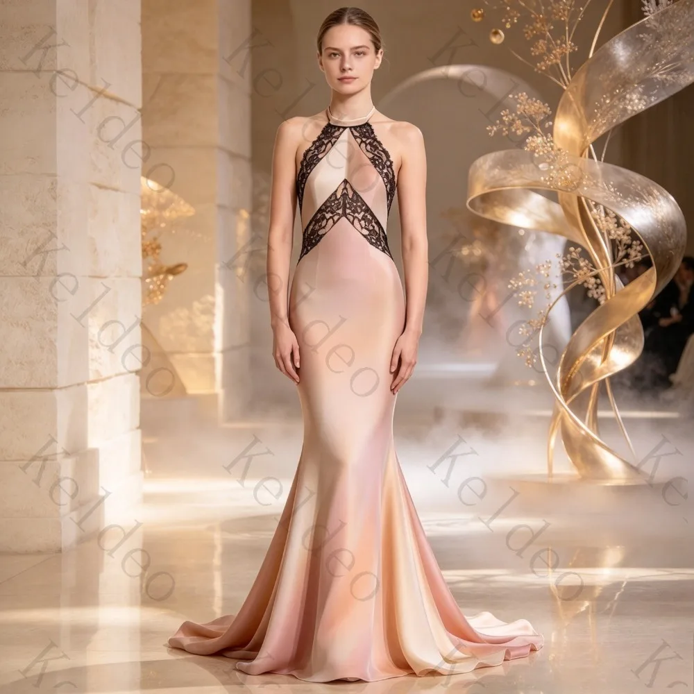 Customized Halter Neck Peach Satin Mermaid Evening Dresses Black Lace Patchwork Floor Length Formal Gown Women Prom Party Maxi