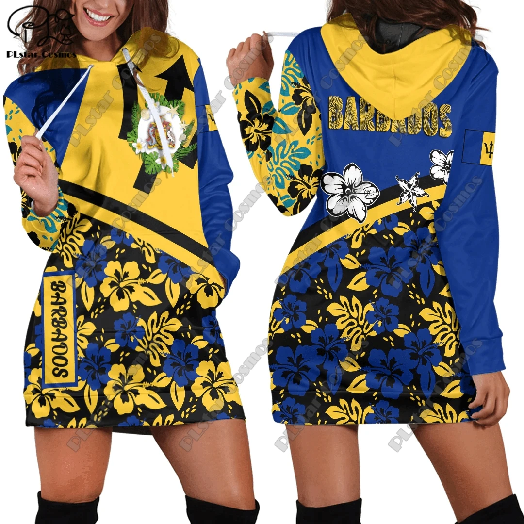 

PLstar Cosmos 3D Printed Barbados Coat of Arms Flag Colorful Pattern Women's Hooded Long Sleeve Dress Harajuku Street Unique B-1