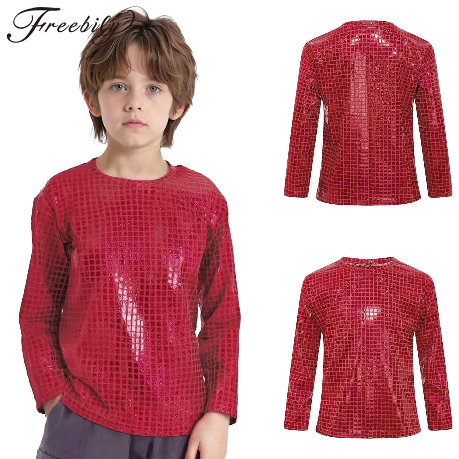 

Модные детские металлические топы в клетку, костюм для джазовых танцев, футболка с длинными рукавами для девочек, детские футболки для мальчиков, танцевальная одежда в стиле хип-хоп