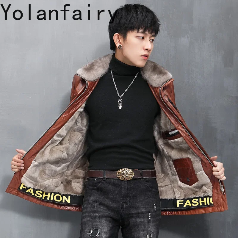 YOLANFAIRY Genuine Leather Cowhide Mens Jacket Winter Mink Liner Coats Slim Fit Men's Clothing Sizes M-5XL Chamarras De Piel