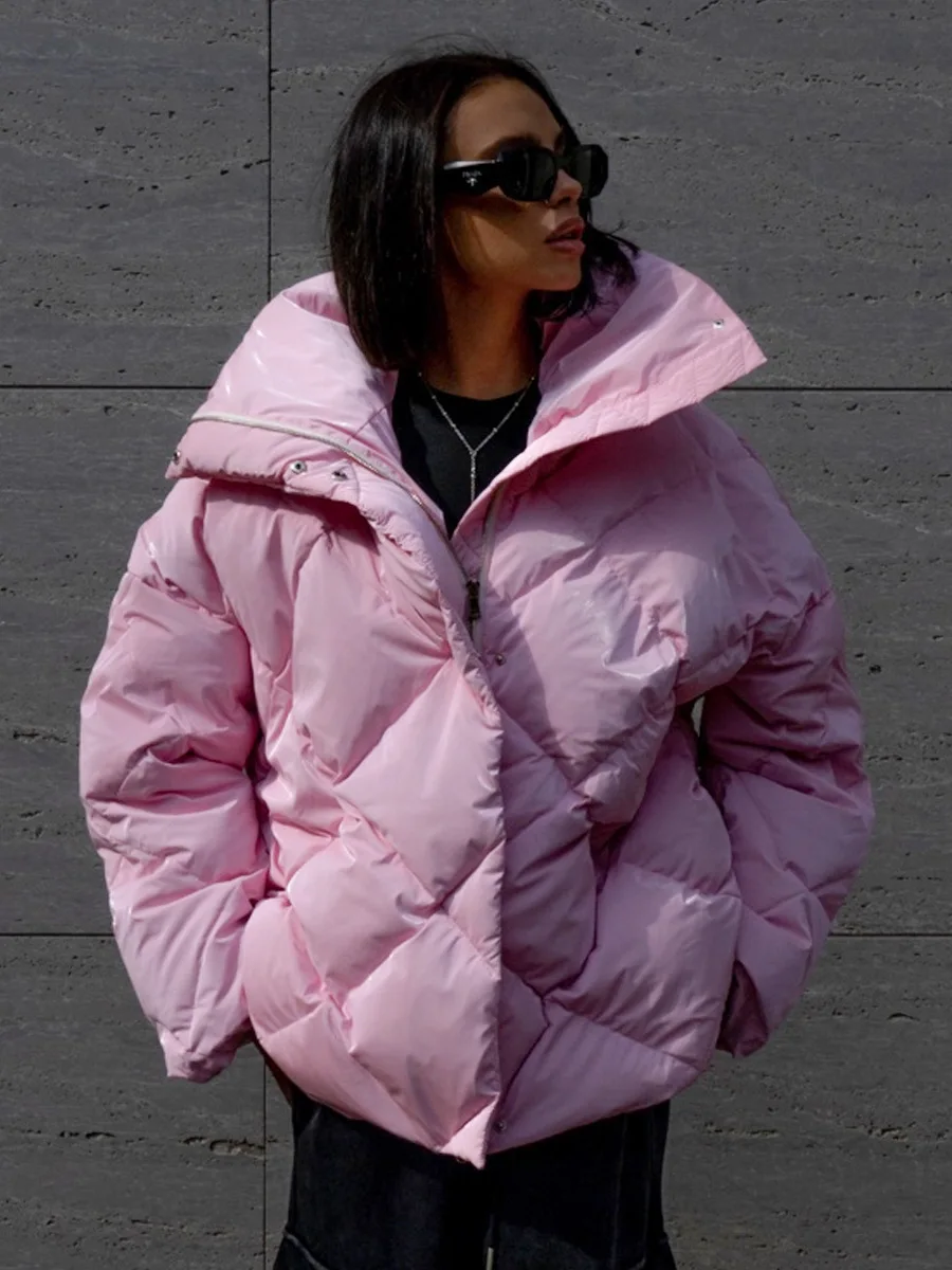Bornladies Women\'s Autumn Winter Thicken Warm Cotton Jacket Matte Glossy Lapel Bread Jacket Fashion Loose Casual Cotton Jacket