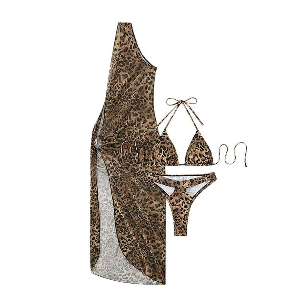 2024 new sexy beach beach bikini net costume da bagno a tre pezzi con stampa leopardata halter costume da bagno