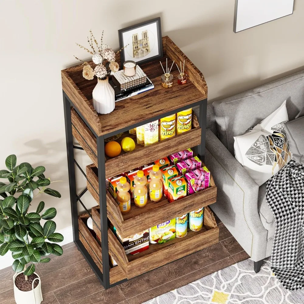 Wood Fruit and Vegetable Storage Rack, 5-Tier Pull-Out Snack Stand Fruit Basket Stand, Utility Shelf Organizer for Kitchen