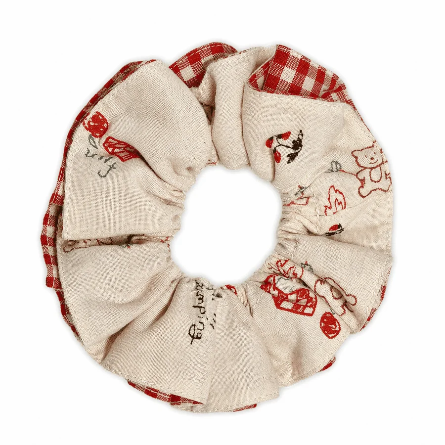 cream-camping-bear-red-gingham-double-layer-scrunchie-natural-woven-texture-handmade-ponytail-bun-hair-tie-women-hair