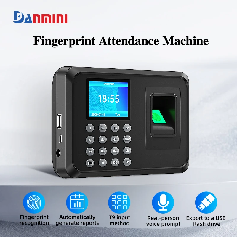 

Danmini Fingerprint Attendance Biometric Machine Employee Time Attendance Smart Time Clock Recorder USB Data Manage 15 Languages