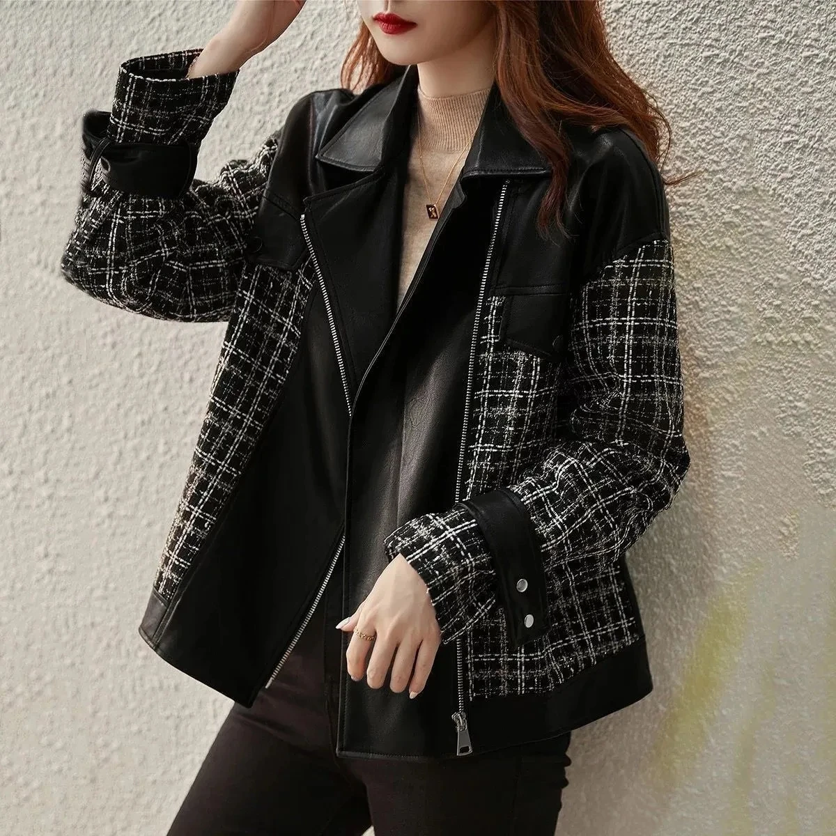 Women Motorcycle Leather Coat Spring Autumn New Casual Patchwork Leather Jacket Winter Ladies Korean Elegant Short PU Jackets