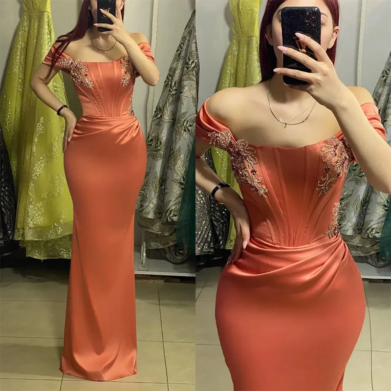 

Customized Elegant Orange Straight Evening Dresses Off Shoulder Party Prom Dress Sweep Train Long Dress For Special Occasion